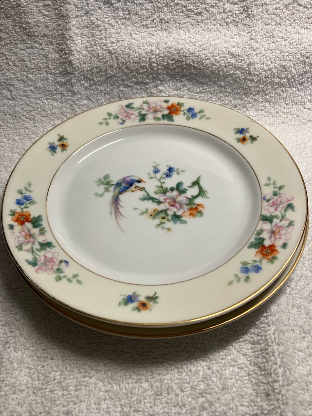 2  Bread plates Porcelain Cream with Multicolor Bird Motif 7 3/4” Heinrich & Co